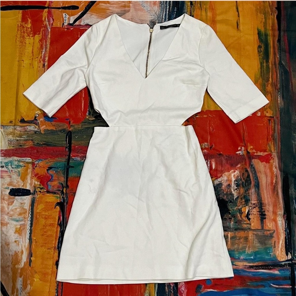 Zara White Long Sleeve Dress with V-Neck